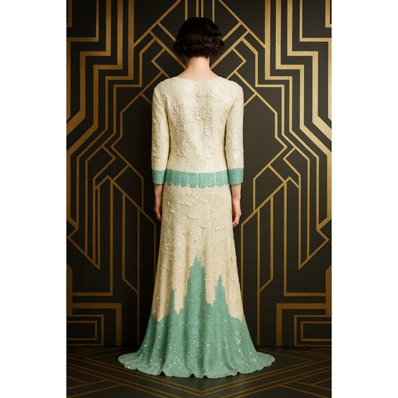 Vintage Art Deco Sequin Beaded Gown Cream Green M Ballroom Pageant Competition - Picture 2 of 12